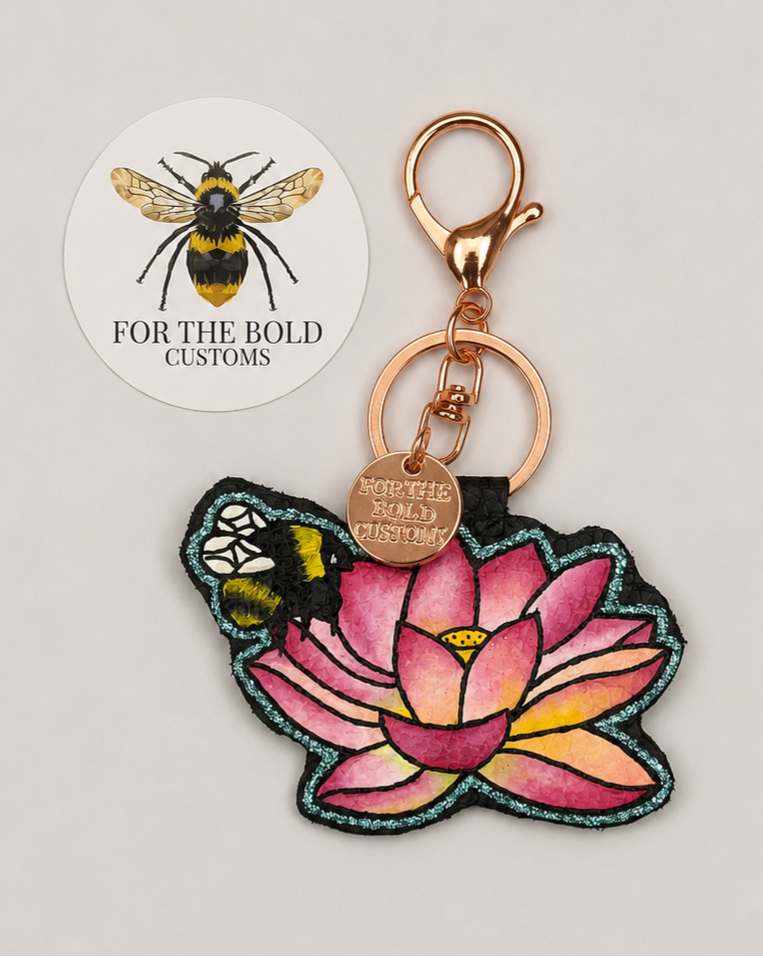 Hand Painted Bee & Lotus Leather Keyring