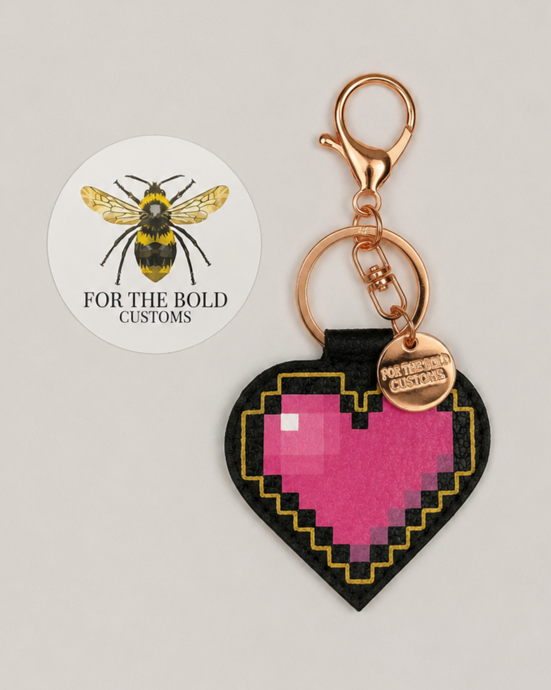 Pixel Heart Leather Keyring - Pink