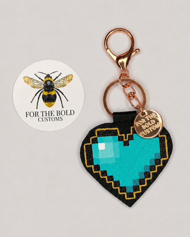 Pixel Heart Leather Keyring - Turquoise