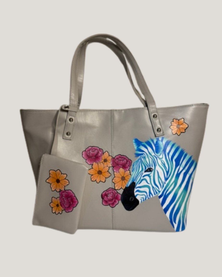 Hand-Painted Zebra Leather Tote Bag & Matching Purse