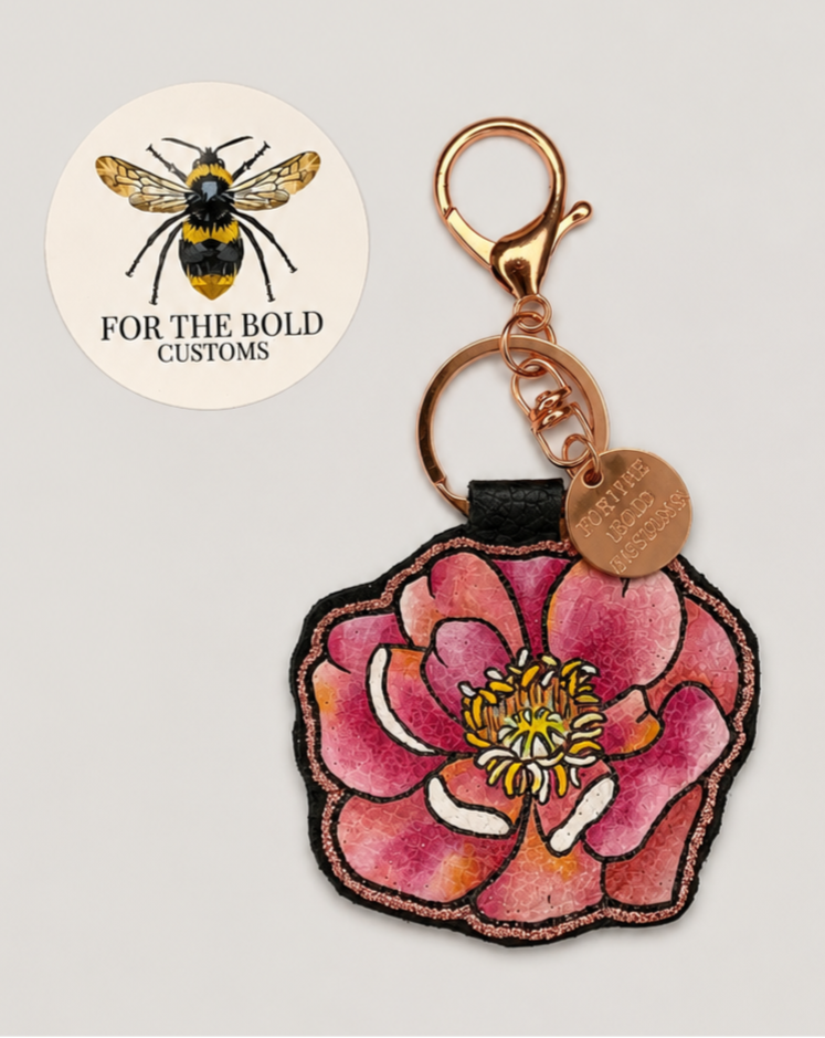 Hand Painted Pink Peony Leather Keyring