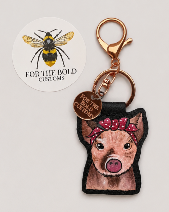 Hand Painted Sassy Pig Leather Keyring